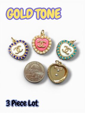 Lot of 3 CC Heart Gold Tone Zipper Pull Button Charms